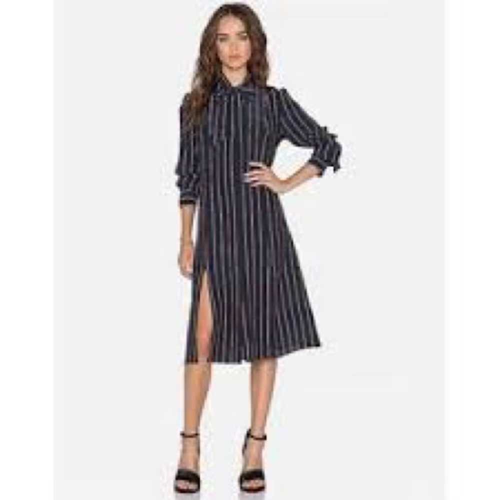 Frame Le Bow Tie Navy Vintage Stripe Silk Charmeuse Shirtdress Size Small